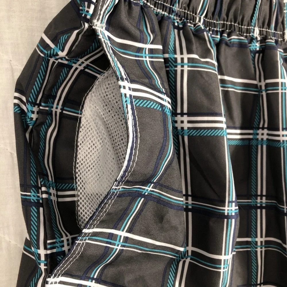 Kanu Surf Board Shorts Men's Plus 3X Gray Blue White Plaid Cargo Swim Trunks NWT